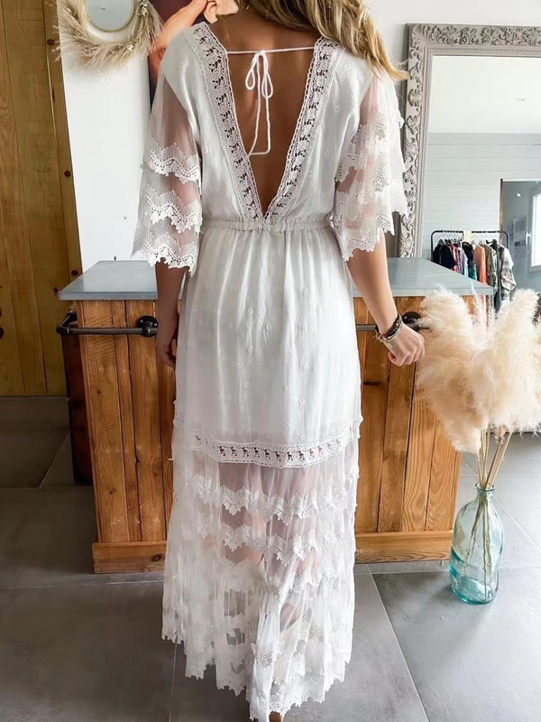 Joliloves Abiti premaman Abiti lunghi in gravidanza con coulisse in pizzo con scollo a V