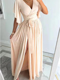 Joliloves Umstandskleid mit seitlichem Schlitz und Gürtel, elegantes Umstands-Maxikleid
