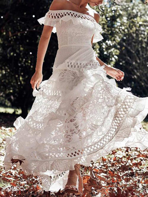 Joliloves Abito Premaman Per Spalle Scoperte Pizzo Ritagliare Vestiti di pizzo sangallo bianco Abito scollo a barca elegante