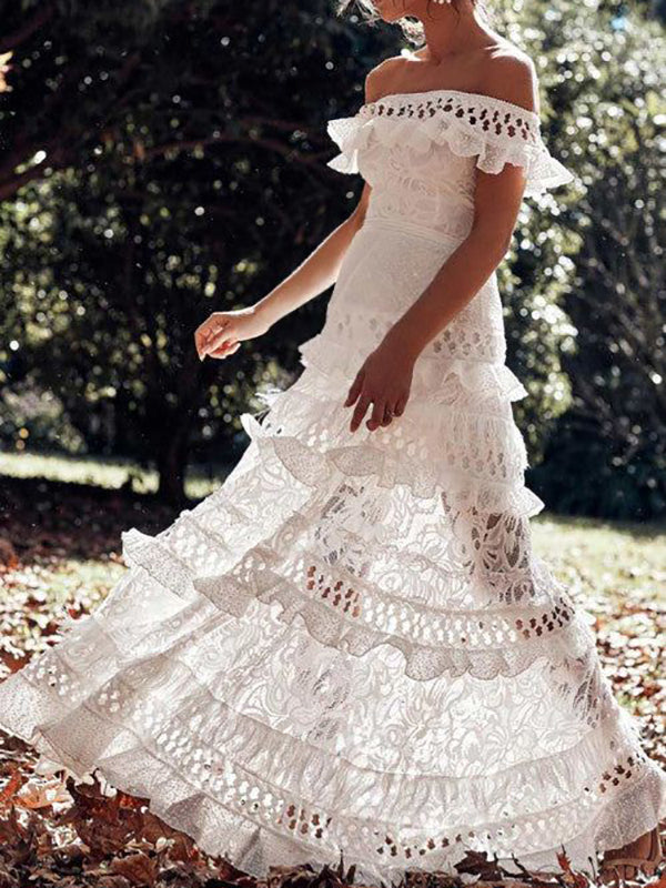 Joliloves Abito Premaman Per Spalle Scoperte Pizzo Ritagliare Vestiti di pizzo sangallo bianco Abito scollo a barca elegante