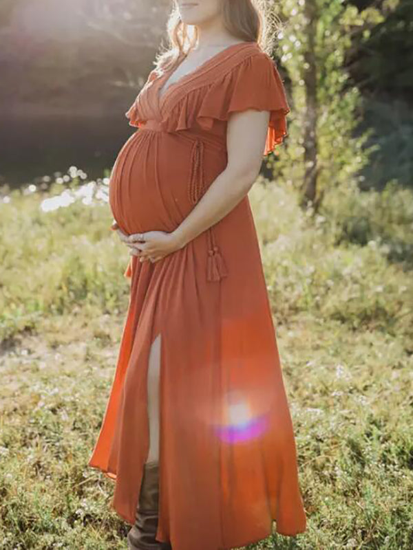 Joliloves Abito Premaman Per Colore Unico Balze Frange Abiti da cerimonia Abiti eleganti premaman