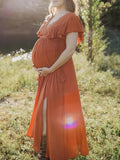 Joliloves Abito Premaman Per Colore Unico Balze Frange Abiti da cerimonia Abiti eleganti premaman