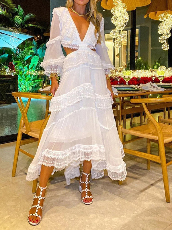 Joliloves Abito Premaman Per Bianco Balze Rete Trasparente Profondo Scollo A V Vestiti premaman eleganti