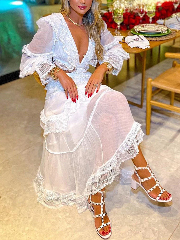 Joliloves Abito Premaman Per Bianco Balze Rete Trasparente Profondo Scollo A V Vestiti premaman eleganti