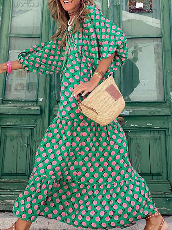 Joliloves Abito Premaman Per donna Vestito svasato Vestito maxi Verde Manica lunga Floreale Stampa Primavera Estate A V Informale Boho Largo