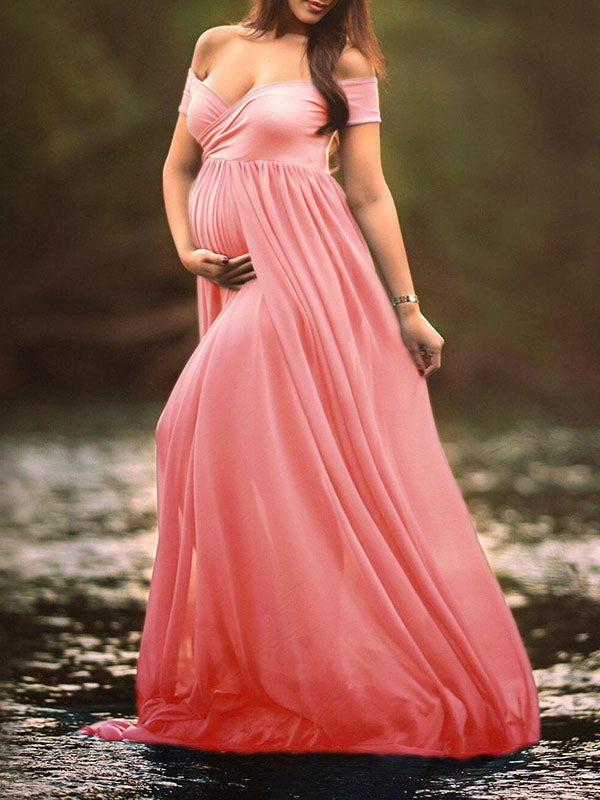 Joliloves Colore Unico Plissettato Rete Scollo A Barchetta Fotografia Gestante Maxi Abito