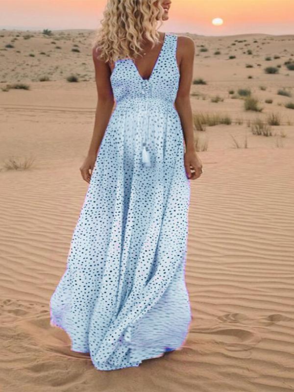 Joliloves Polka Dot Muster Kordelzug ärmellose Urlaub elegante Umstandskleider