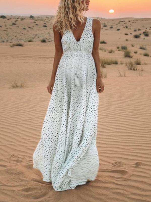 Joliloves Polka Dot Muster Kordelzug ärmellose Urlaub elegante Umstandskleider