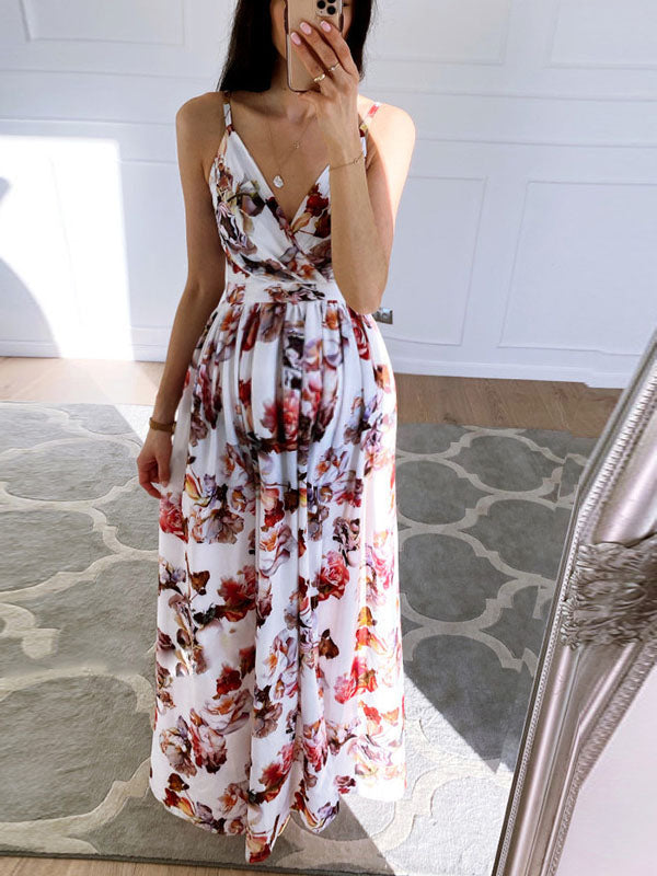 Joliloves Maxi abiti premaman romantici con scollo a V e spacco floreale con cinturino a condole