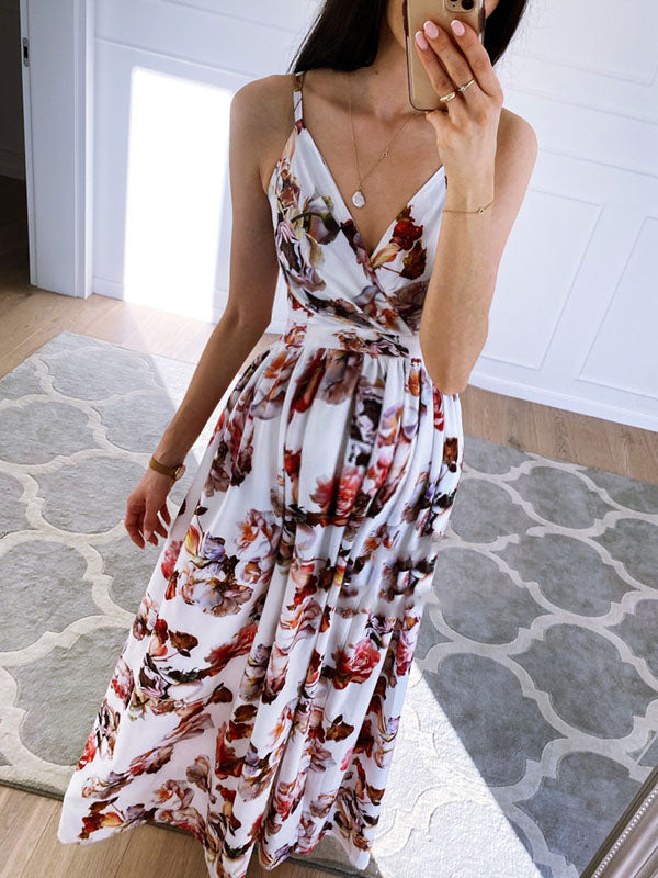 Joliloves Maxi abiti premaman romantici con scollo a V e spacco floreale con cinturino a condole
