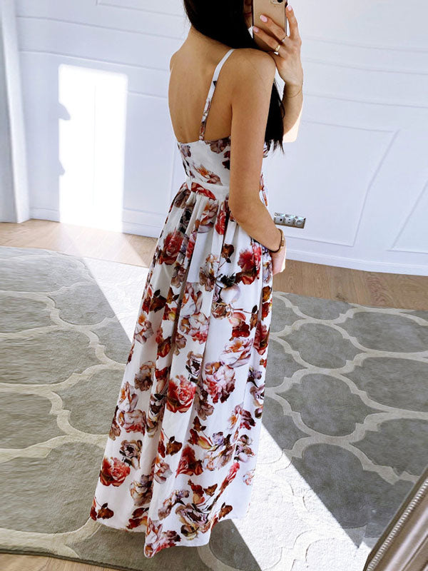 Joliloves Maxi abiti premaman romantici con scollo a V e spacco floreale con cinturino a condole