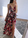 Joliloves Maxi abiti premaman romantici con scollo a V e spacco floreale con cinturino a condole
