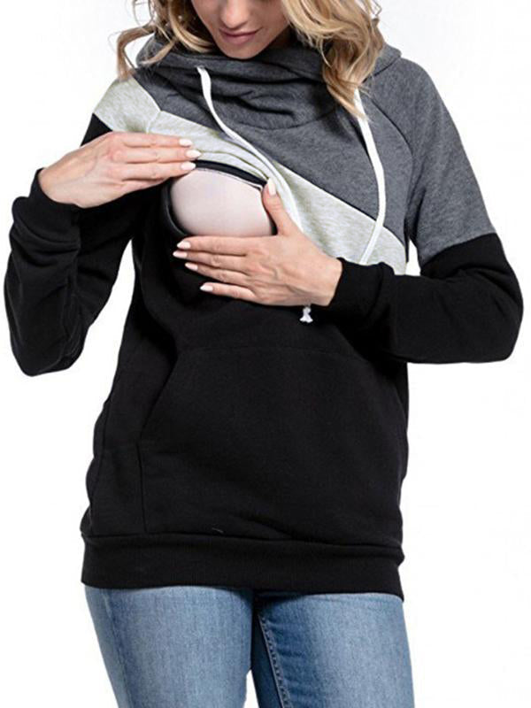 Joliloves Felpa per maternità con cappuccio e coulisse a blocchi di colore per allattamento. Felpa incinta