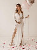 Joliloves Bianco Balze trasparente Chiffon Spacco Laterale Festa Elegante Sottile Maxi Abiti premaman