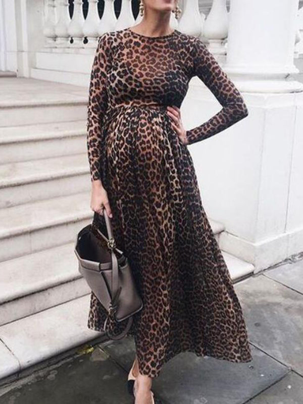 Joliloves Umstandskleid mit Leopardenmuster, hoher Taille, elegantes Maxikleid 