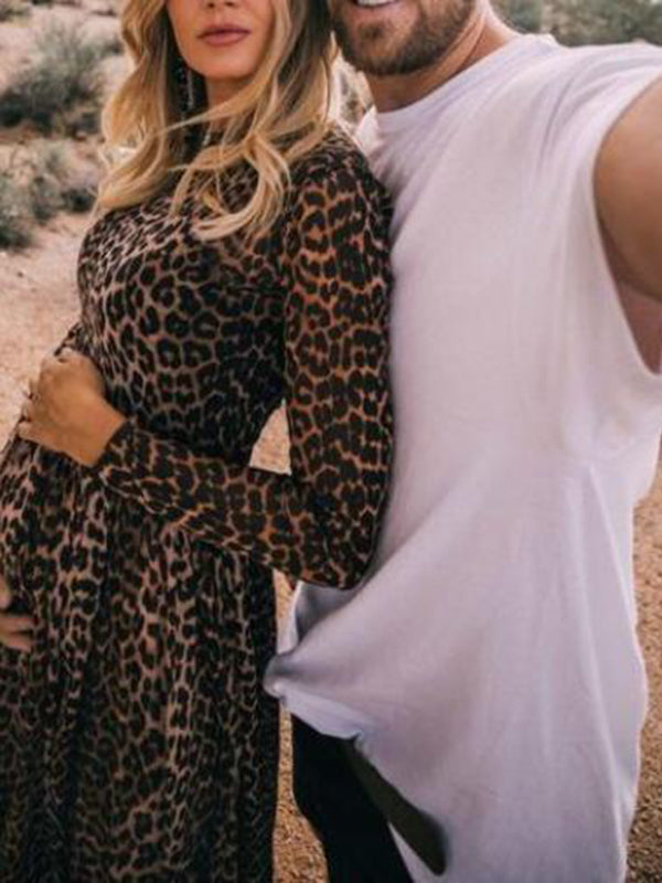 Joliloves Umstandskleid mit Leopardenmuster, hoher Taille, elegantes Maxikleid 