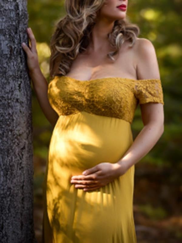 Joliloves einfarbiges Maxikleid aus Spitze mit U-Boot-Ausschnitt, Fotografie für schwangere Frauen 