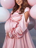 Joliloves Rosa Maxikleid mit Gürtel, Schlitzausschnitt und weitem Schwung, elegantes Fotoshooting für die Schwangerschaft, Babyparty