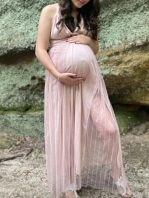 Joliloves Grenadine Trägerloses Umstands-Maxikleid mit V-Ausschnitt und Trägern