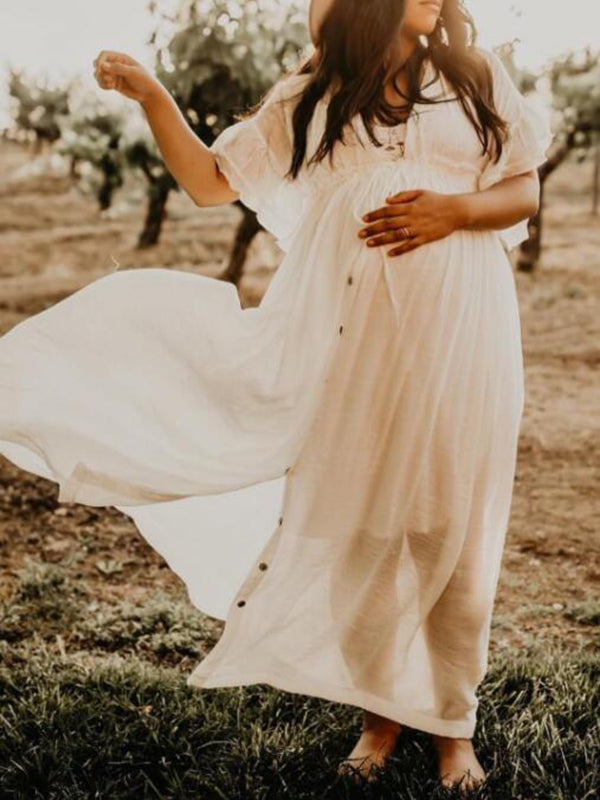 Joliloves Einreihiges Strand-Fotoshooting-Kleid mit Kordelzug, Maxikleid aus Baumwollleinen 